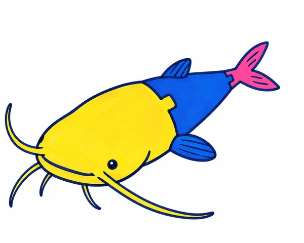 A hand-drawn catfish with an oversized yellow head, blue body and pink forked tail points diagonally toward the lower left on a white background.