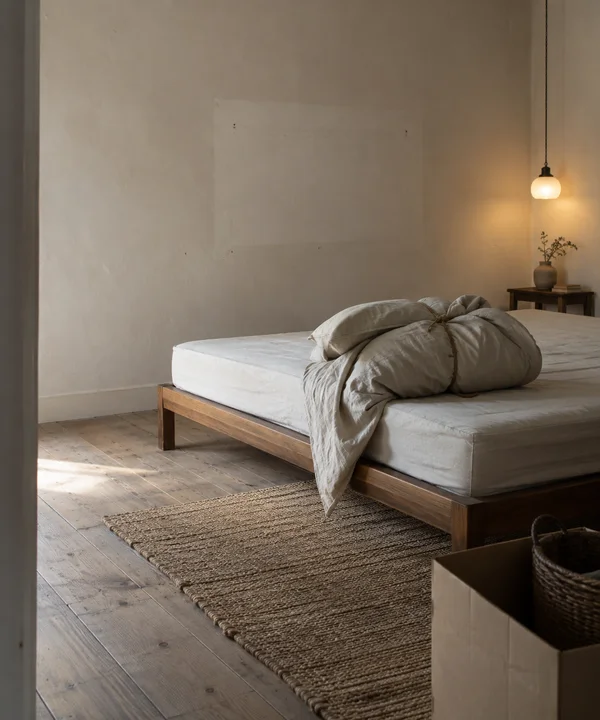 An empty bedroom with a low wooden bed, a duvet and pillow bundled with cord, and a lighter rectangle on the wall where a headboard was removed.