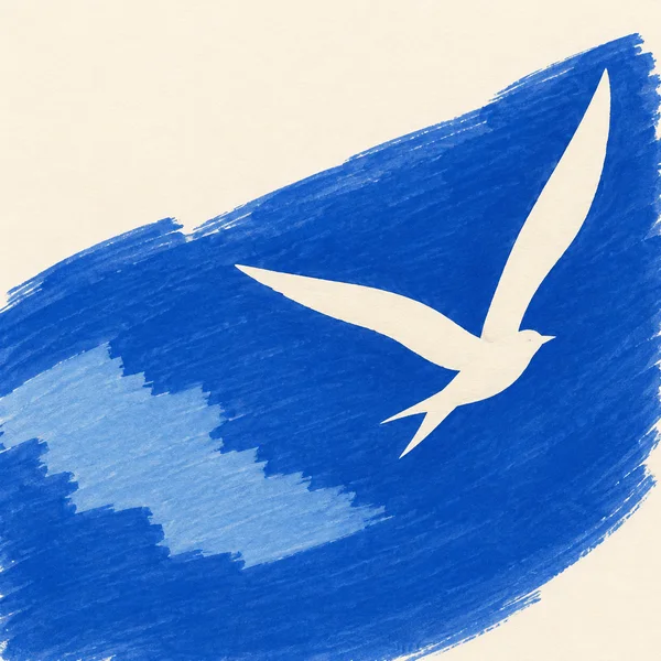 A cream bird silhouette with long asymmetric wings flies diagonally upward across a broad cobalt-blue marker sweep, with a pale-blue patch in the lower-left…