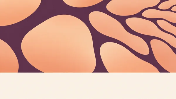 A graphic abstract pattern of broad aubergine channels and large apricot openings fills the upper portion of the image, ending at a straight horizontal edge…