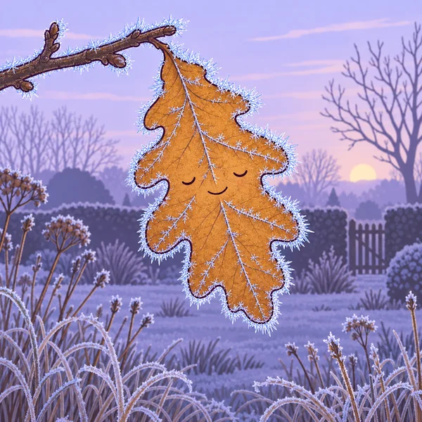 A large ochre oak leaf with closed eyes and a small smile hangs from a frost-covered branch above frosty grasses in a purple winter garden at sunrise.