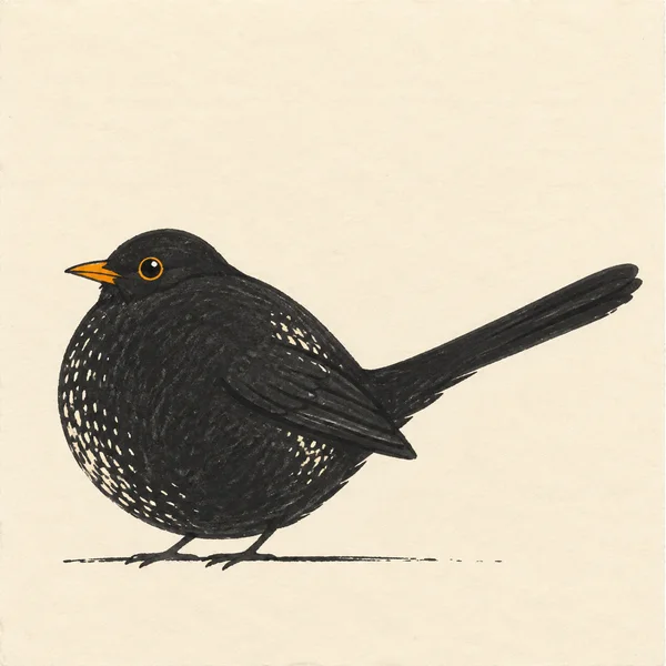 A hand-drawn blackbird in left-facing profile stands on a loose ground stroke against a warm cream background, with a rounded charcoal body, orange bill…