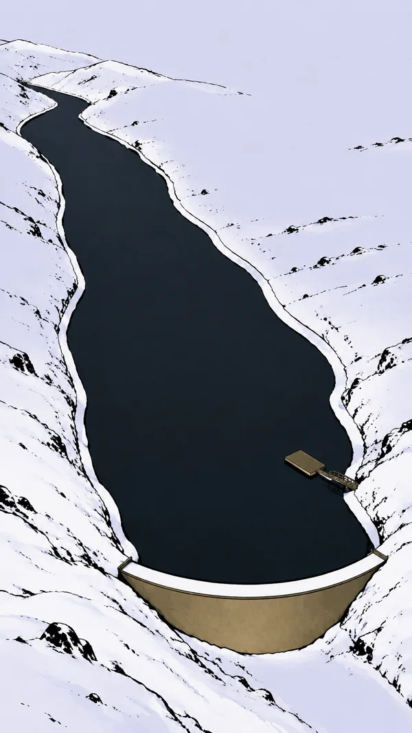 A long, dark reservoir winds between snow-covered banks toward a curved dam with a bronze face and snowy cap.