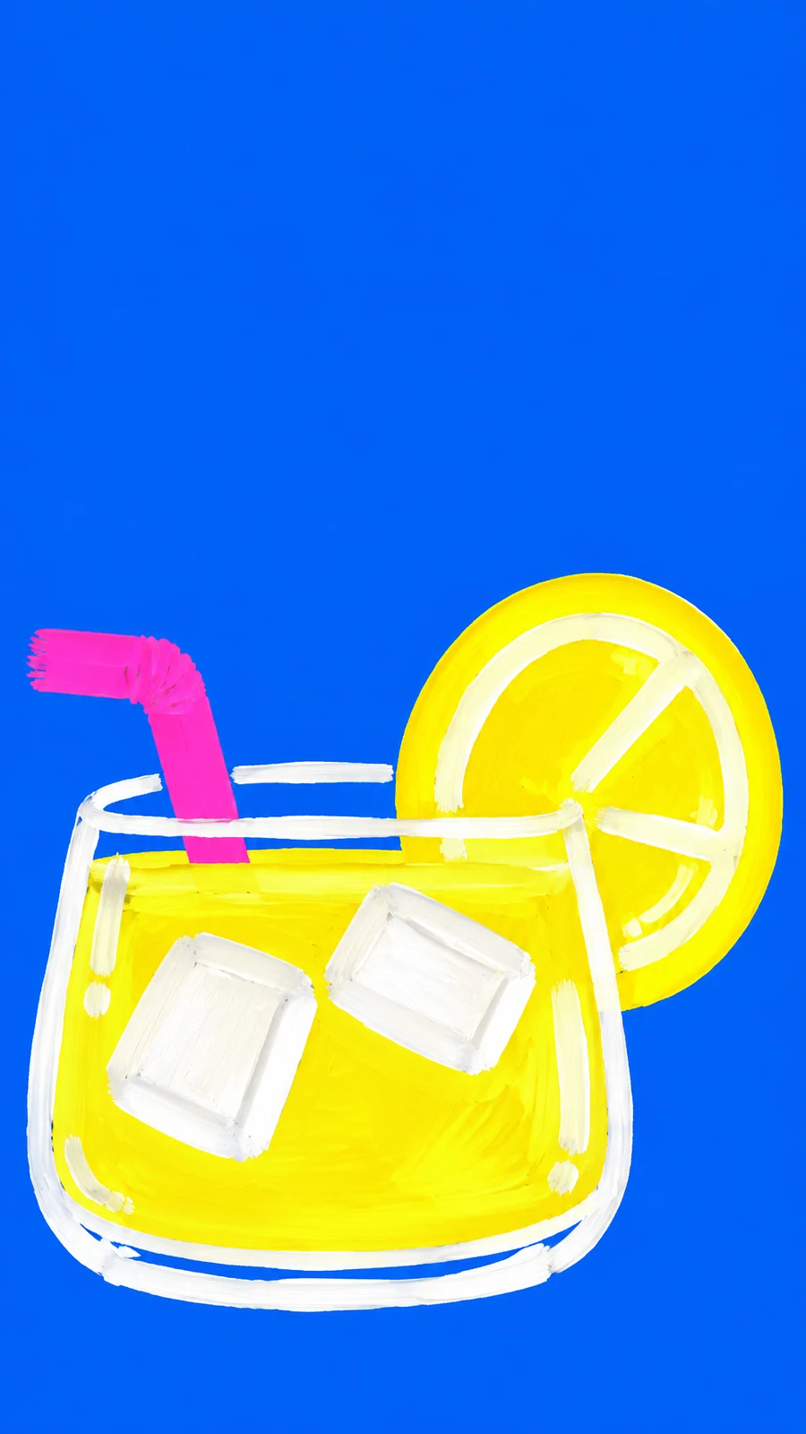 A bright yellow lemonade in a white-outlined tumbler with two white ice shapes, a large lemon wheel on the right rim, and a bent hot-pink straw against a blue…