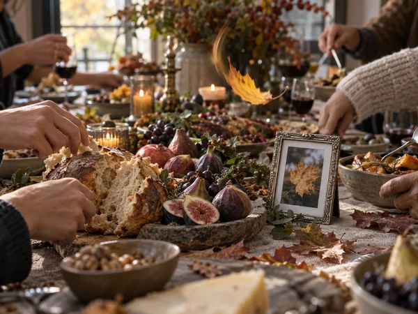 A warmly lit autumn meal fills a crowded communal table.