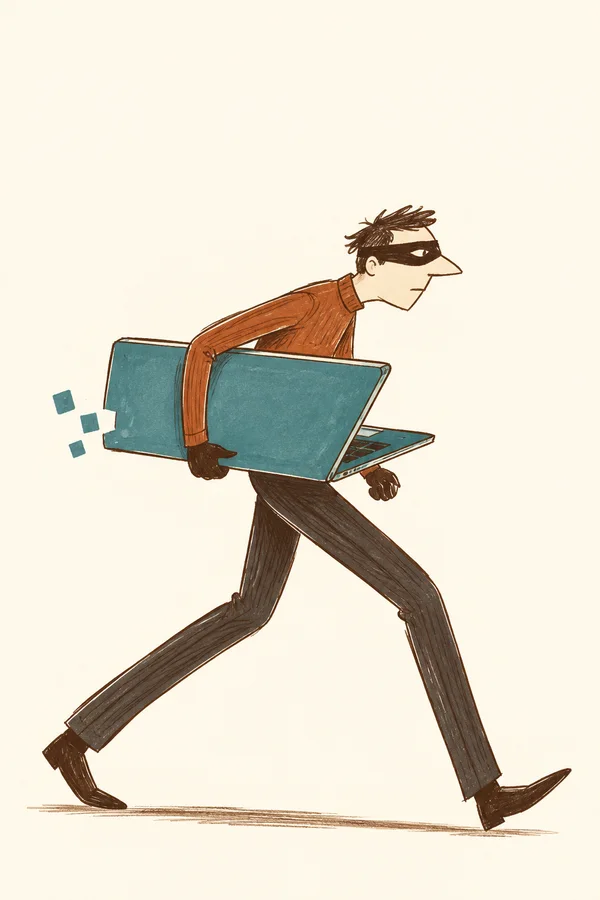 A masked, dark-haired thief strides to the right in charcoal trousers, carrying an oversized open teal laptop whose trailing corner breaks into three square…