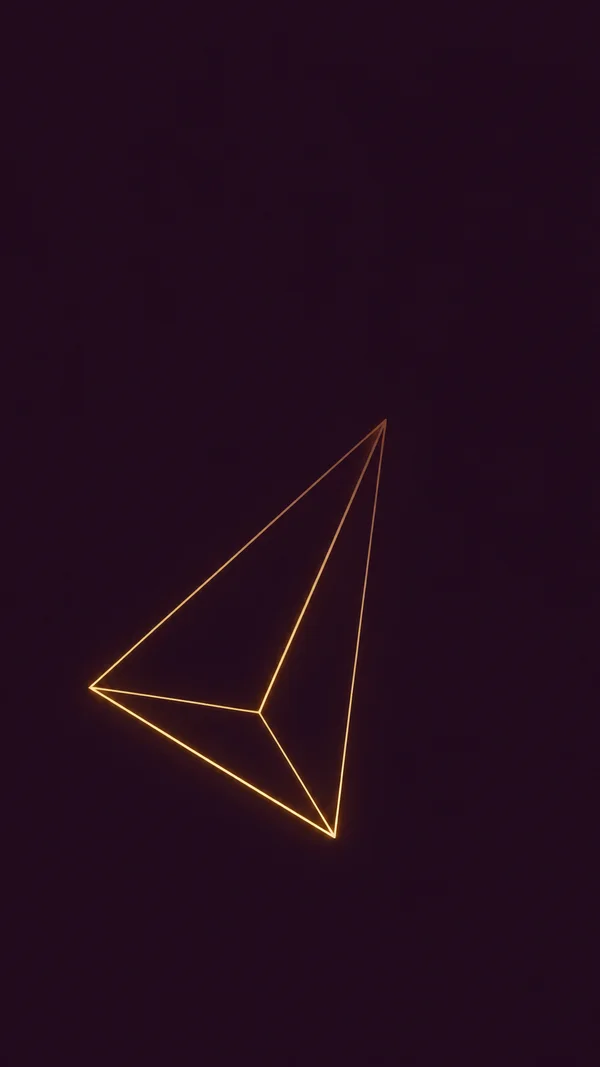A glowing amber wireframe tetrahedron sits below center on a dark aubergine background, with a pointed apex above and to the right and broad empty space above…