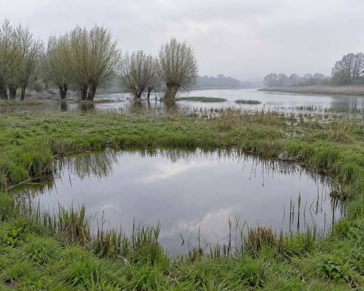 A rounded pool of floodwater reflects the pale sky in a green meadow, with reeds along its banks, pollarded willows standing in shallow water, and a broad…