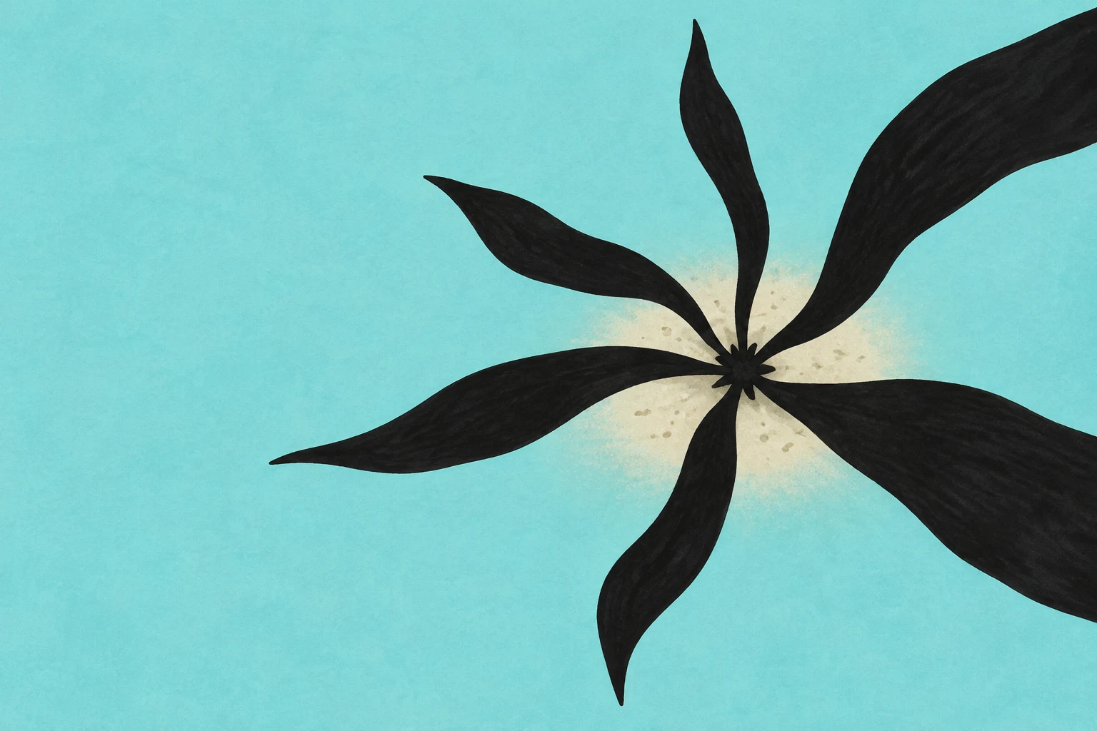 A black, hand-drawn seagrass rosette spreads broad tapered blades across a pale aqua field, with a sandy patch around its small central crown and open space on…