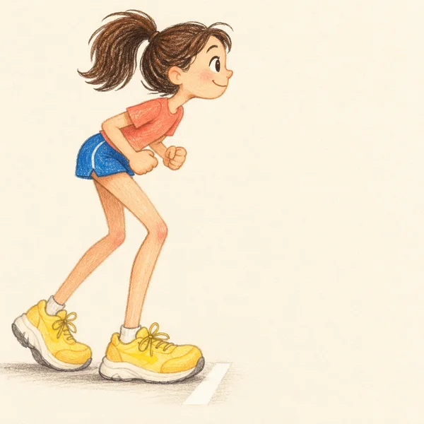 A hand-drawn colored-pencil illustration of a smiling runner in profile, leaning forward in a coral shirt and blue shorts with oversized yellow running shoes…