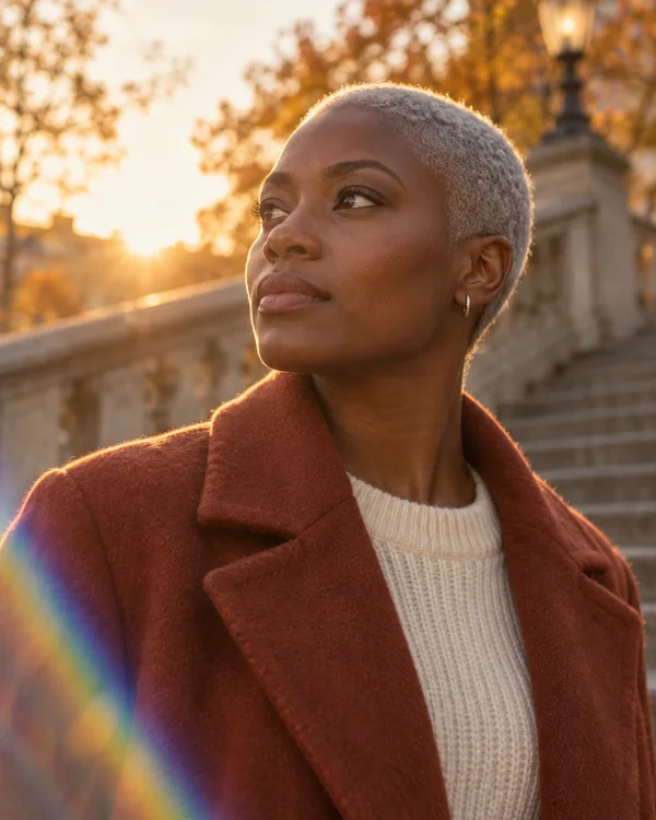 A woman with deep brown skin and short silver hair wears a rust-colored wool coat over a cream knit sweater on a stone stairway, looking uphill to the left.