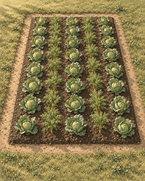 An elevated view of a rectangular vegetable bed with orderly rows of pale green cabbage heads and feathery carrot tops in dark soil, bordered by narrow paths…
