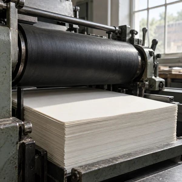 A thick stack of blank ivory paper sits in the feeder of an old printing press beneath a broad black roller, with workshop windows behind it.