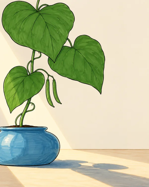 A bean vine rises from a broad blue pot at the lower left, with three large green heart-shaped leaves and two hanging pods.