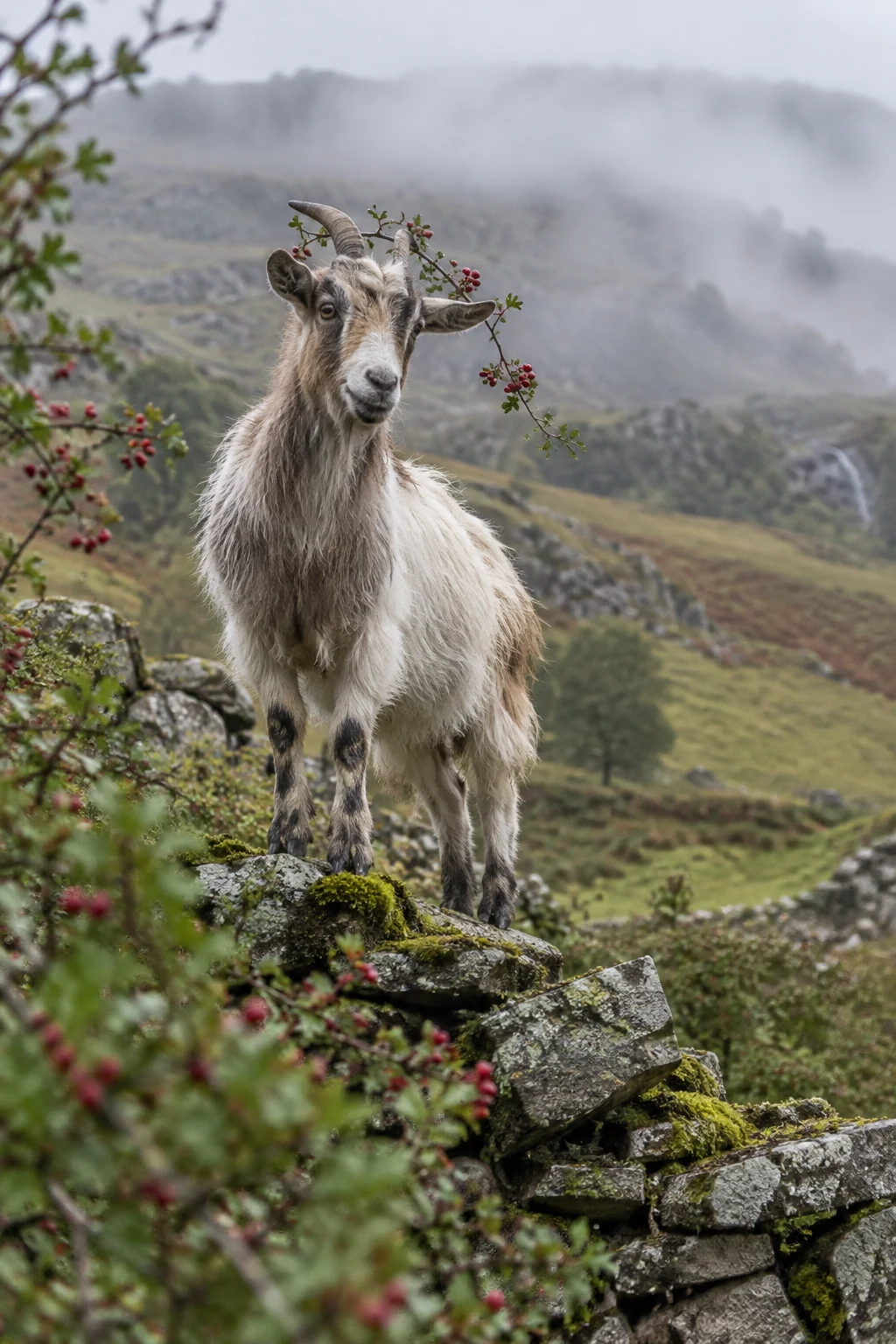 A shaggy cream and grey-brown goat stands on a moss-covered dry-stone wall, with a red-berried hawthorn twig crossing its horns; mist hangs over the upland…