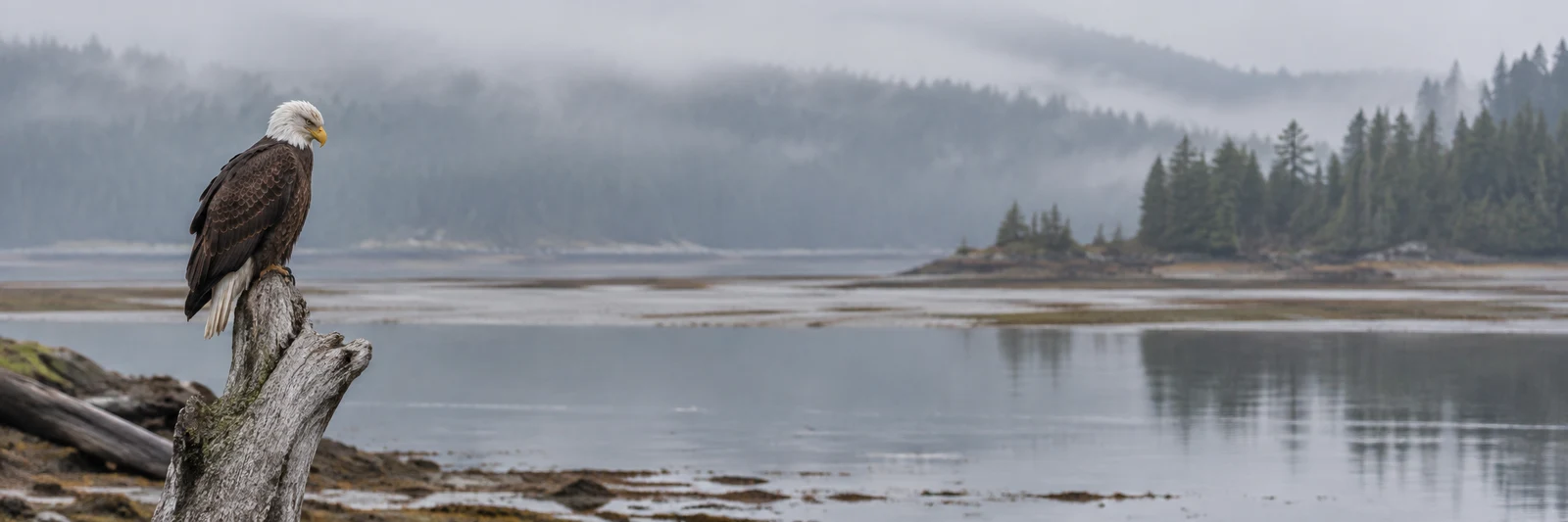 A bald eagle perches on a bleached driftwood snag beside a calm tidal estuary, with mudflats, water and misty conifer-covered hills stretching across the frame.
