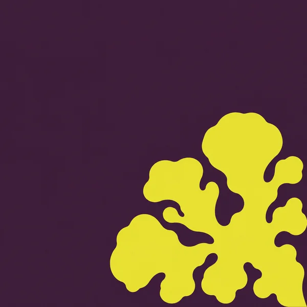 A bright yellow organic, branching silhouette fills much of the lower-right area against a dark aubergine background, leaving broad open space above and to the…