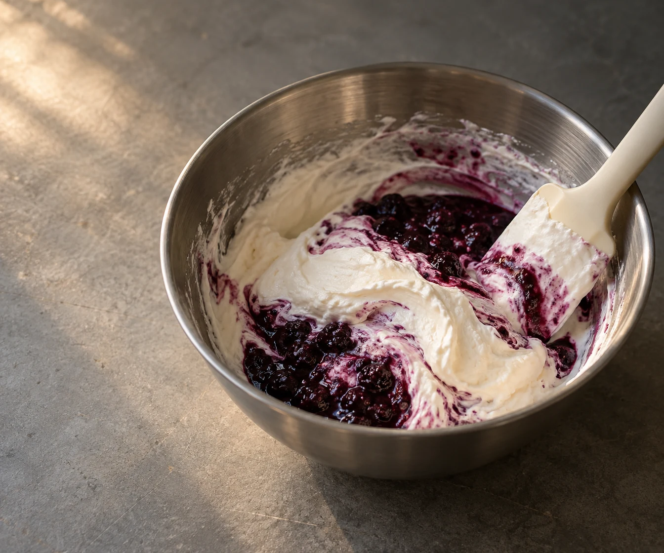 A stainless-steel mixing bowl holds thick white cream folded into dark purple blackberry mixture, with an ivory spatula resting against the rim.