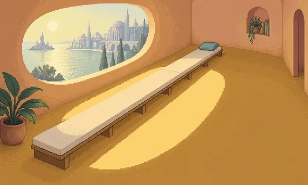A very long, narrow cream sleeping platform with a small teal pillow runs diagonally across an apricot-walled bedroom with an ochre floor.