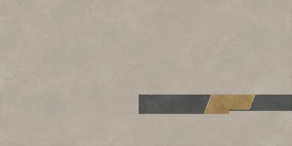 A narrow graphite band crosses the lower-right area of a warm-grey, subtly mottled field, interrupted by a muted ochre shape with slanted edges and a stepped…