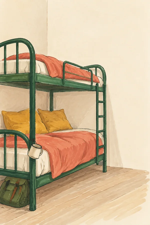 A jade-green metal bunk bed with coral blankets and ochre pillows sits against an ivory wall above a pale wood floor.