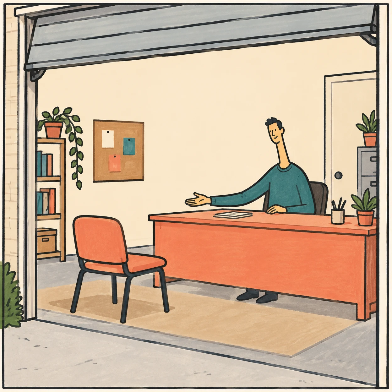 A hand-drawn illustration shows a lanky adult in teal seated behind a wide coral desk, extending an open hand toward an empty coral chair.