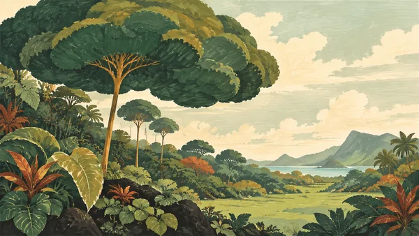 A lush tropical-looking landscape with an enormous broad-canopied tree on a slender ochre trunk at left, dense broad-leaf plants in the foreground, and a pale…