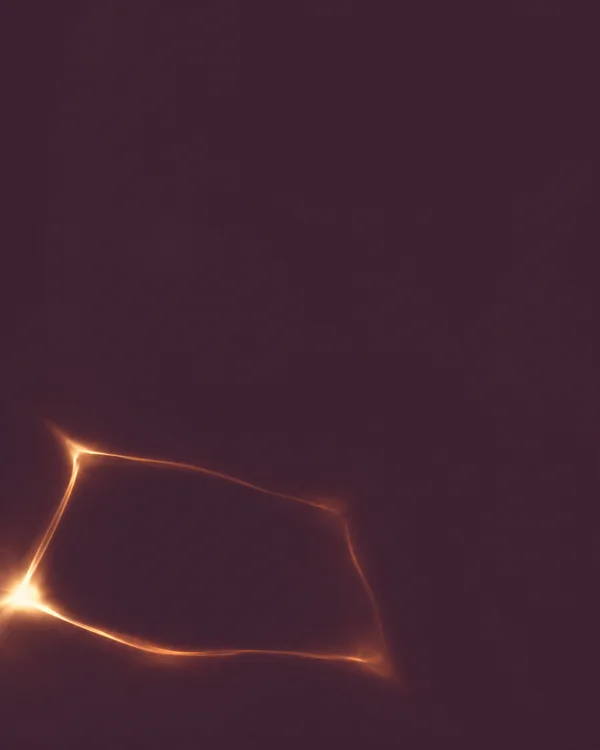 A thin glowing amber quadrilateral-like outline with a bright flare sits across the lower-left of a dark plum field, leaving broad empty space above.