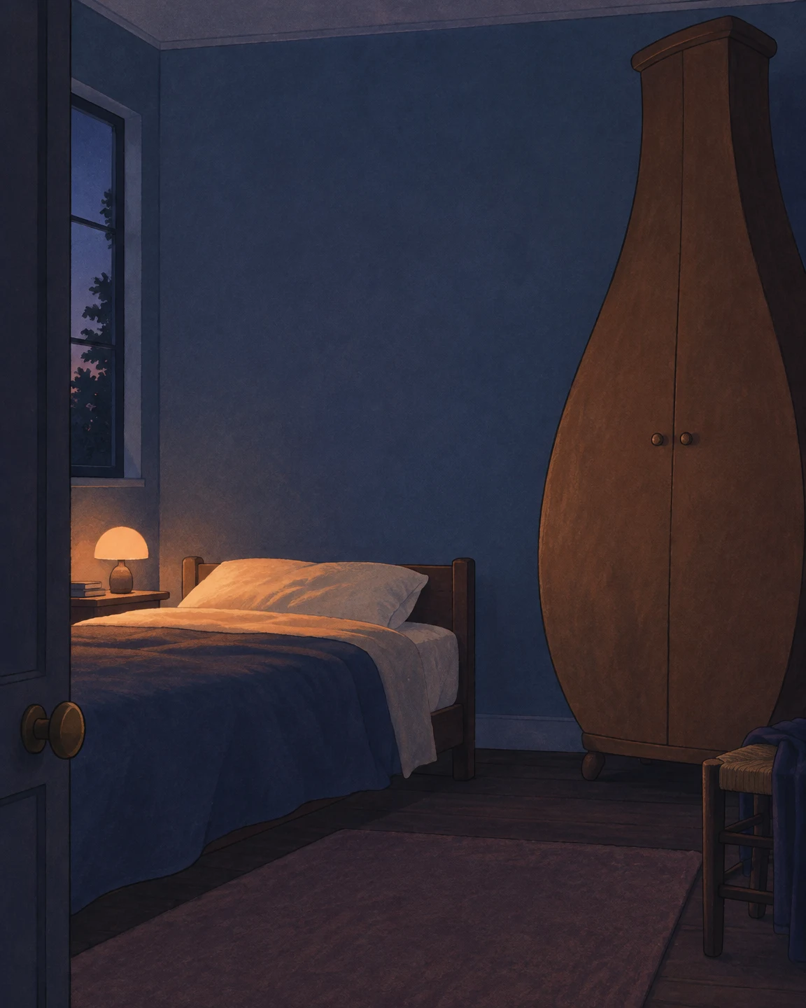A twilight-blue bedroom viewed from its doorway, with a very tall pear-shaped wooden wardrobe beside a bed lit by a small bedside lamp.