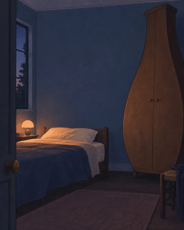 A twilight-blue bedroom viewed from its doorway, with a very tall pear-shaped wooden wardrobe beside a bed lit by a small bedside lamp.