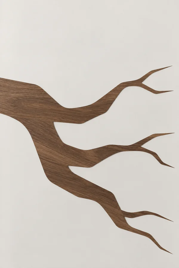 A broad dark walnut-toned form enters from the left and divides into long, tapered branches across a pale warm-grey background, with subtle shadows and open…