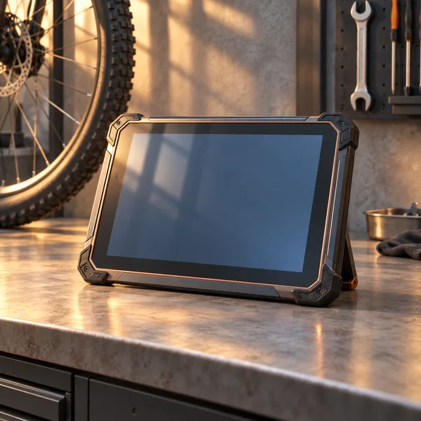 A rugged landscape touchscreen tablet with a blank blue-gray screen stands on a rear support on a workshop bench.
