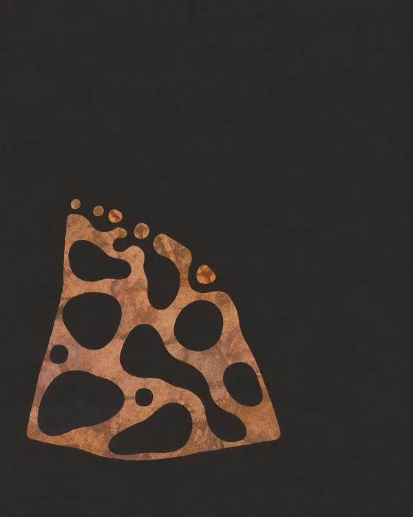 A copper-colored, irregular trapezoidal patch with rounded charcoal voids and several separate copper dots sits below and left of centre on a dark charcoal…