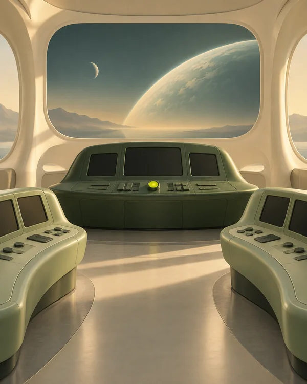A sculpted retro-futurist control room with a large dark-green central console, matching curved side consoles, and a rounded panoramic view of a planet and…