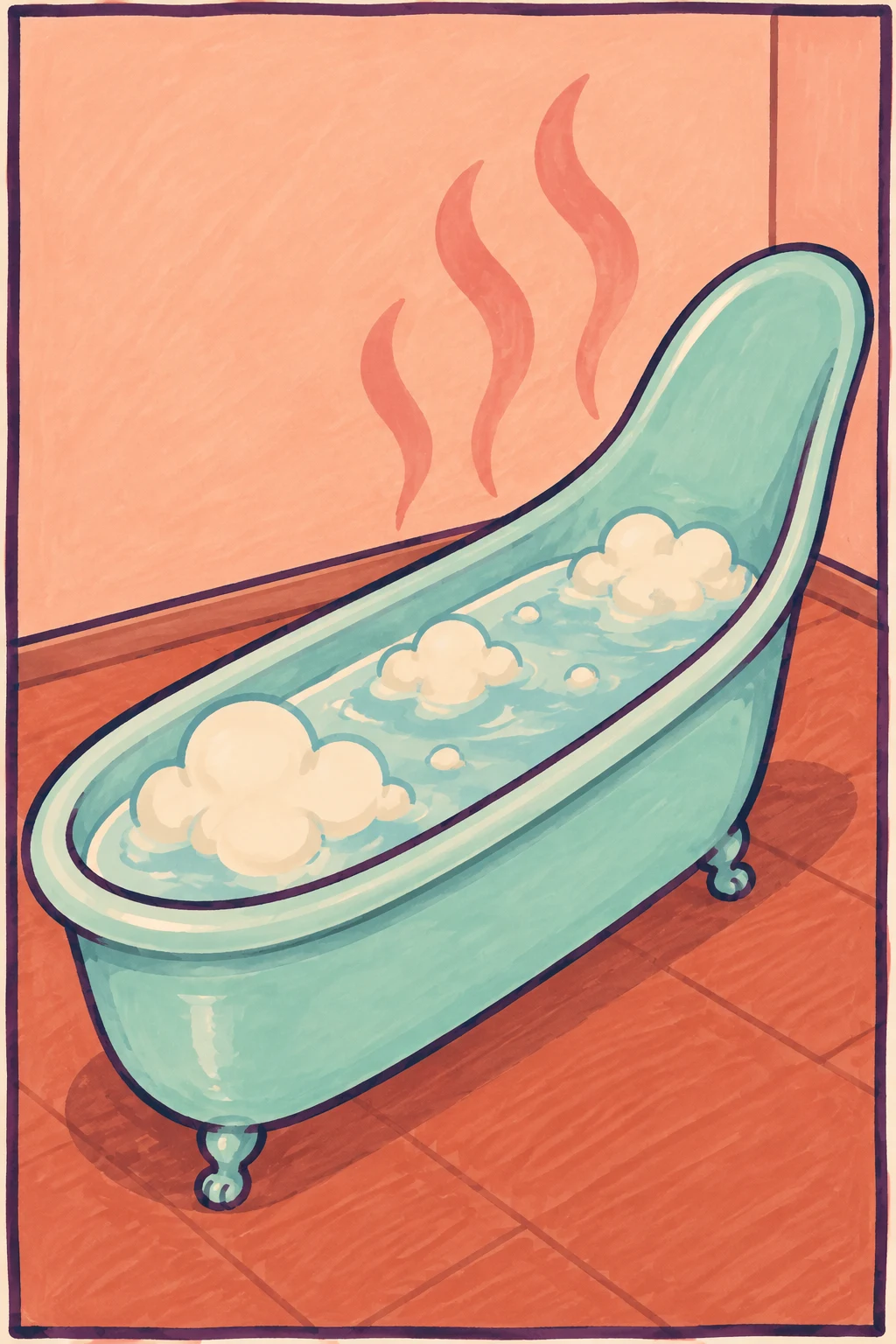 A long pale-turquoise slipper bathtub filled with warm water and cream-colored bubbles sits diagonally in a peach-walled room with a terracotta tiled floor…