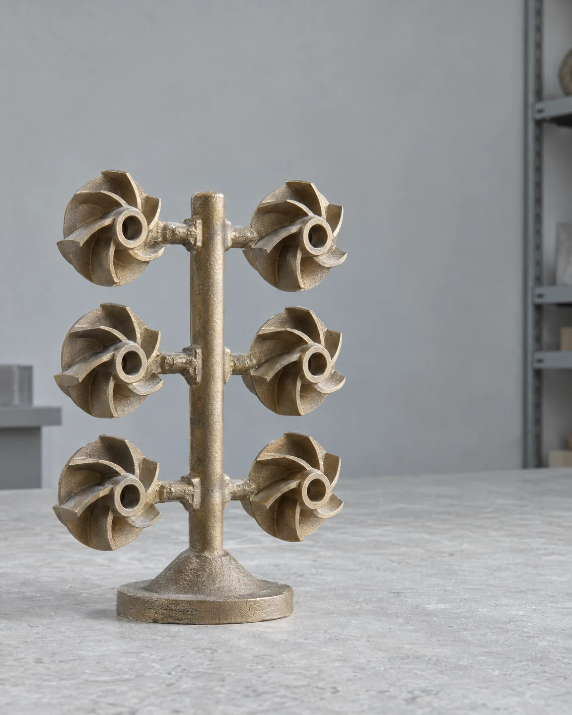 A bronze casting tree stands upright on a round flat base on a gray tabletop, with six impellers attached in two vertical columns to a central runner.