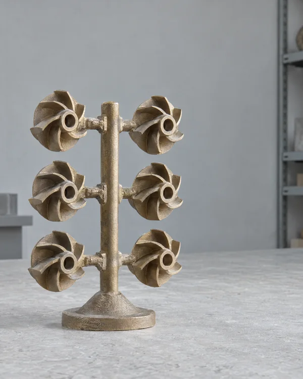 A bronze casting tree stands upright on a round flat base on a gray tabletop, with six impellers attached in two vertical columns to a central runner.