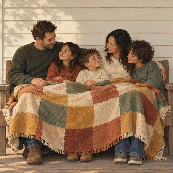 Two adults and three children sit close together on a wooden porch bench, looking toward one another beneath a large ochre, terracotta, sage and cream…