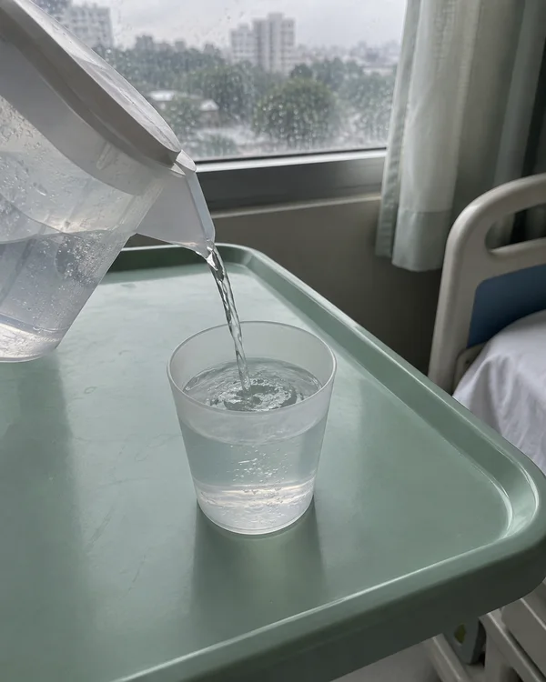 A translucent plastic jug pours water into a clear cup on a mint-green hospital bedside tray, with a rain-speckled window, pale curtain, and bed rail in the…