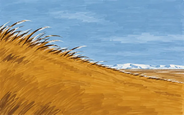 A broad ochre grassland sweeps upward to the left beneath a muted blue sky, with windblown grass strokes and chalk-white frost along its edge; a pale icy ridge…