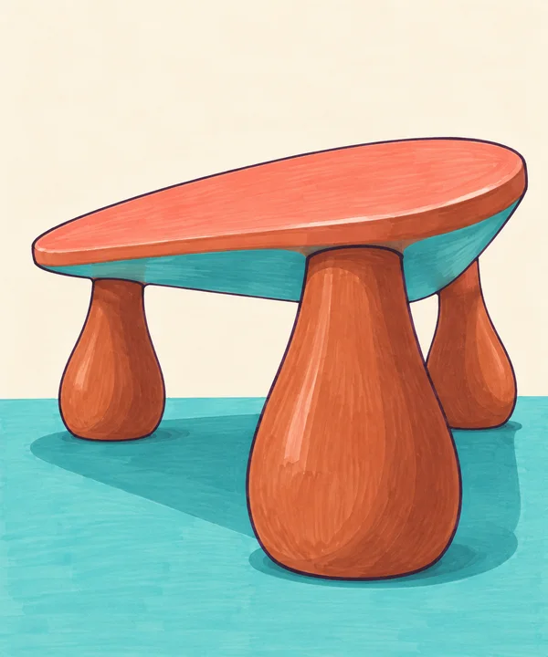 A stylized coral tabletop with three oversized terracotta pear-shaped legs stands on a turquoise floor against a warm cream background, viewed from below; the…