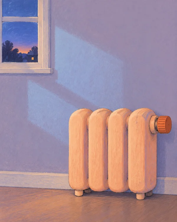 A squat peach radiator with four rounded ribs, small feet and a rust-orange knob stands against a lavender wall beneath a small window showing a deep blue…