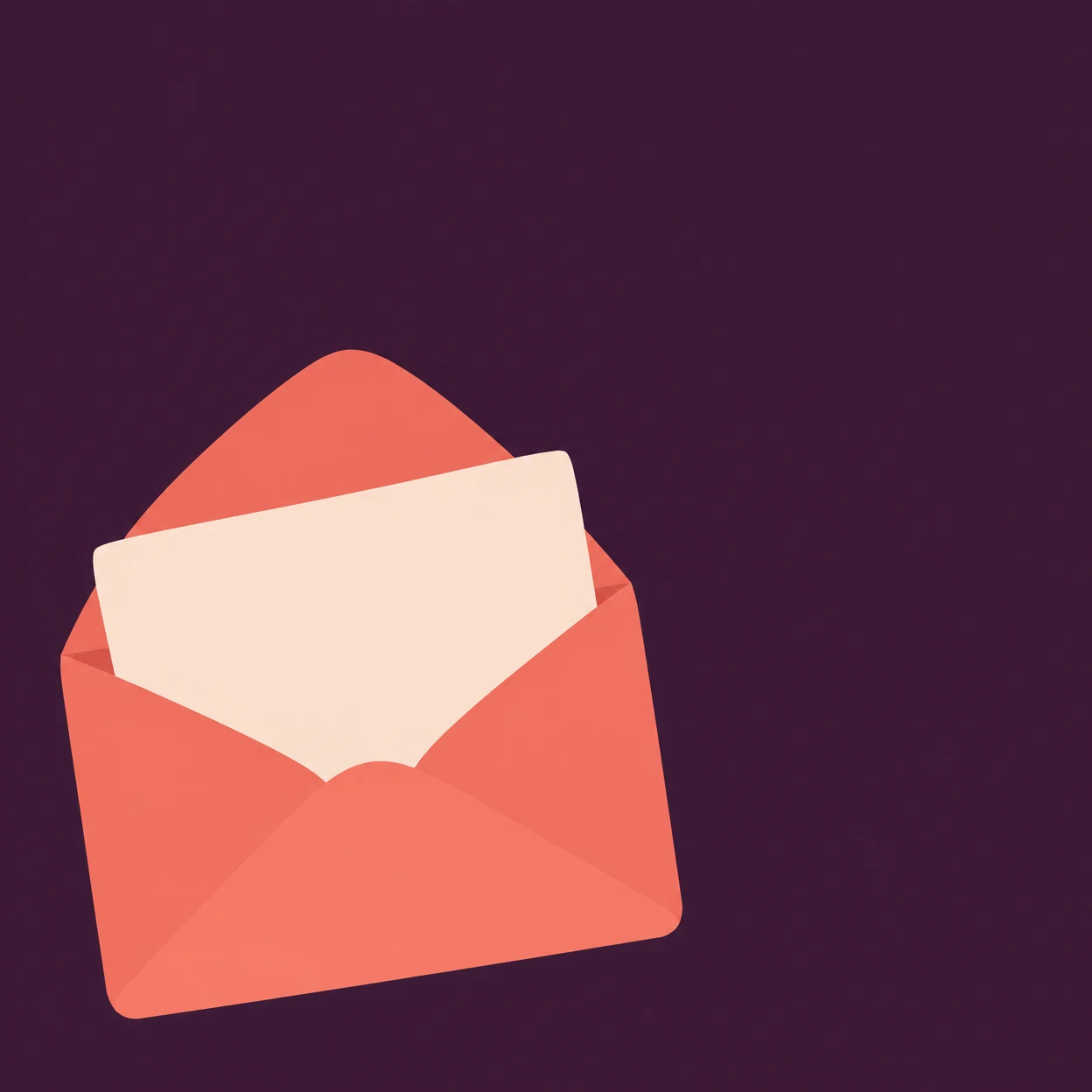 A coral envelope lies diagonally in the lower-left of a deep aubergine background, with a blank warm-ivory letter protruding from its open flap.