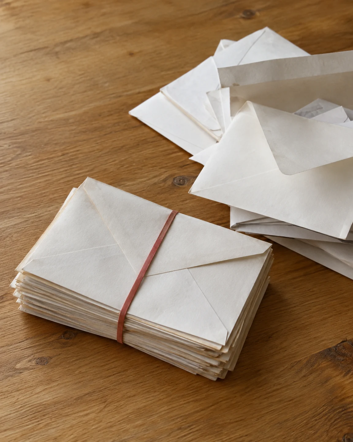 A stack of blank cream envelopes bound with a faded red band rests on a honey-coloured wooden tabletop, beside a loose pile of opened envelopes and folded…