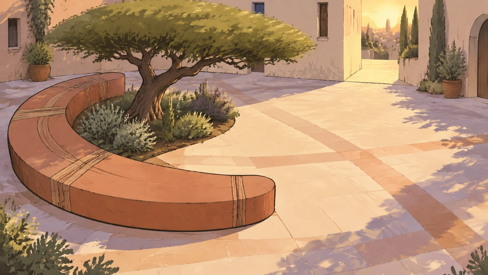 A broad terracotta crescent bench curves around a planted island and a mature tree in a paved urban courtyard.