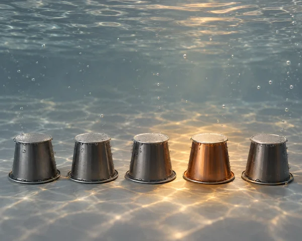 Five metallic coffee capsules stand in a row on a grey underwater surface, with a copper-coloured capsule among four dark graphite ones.