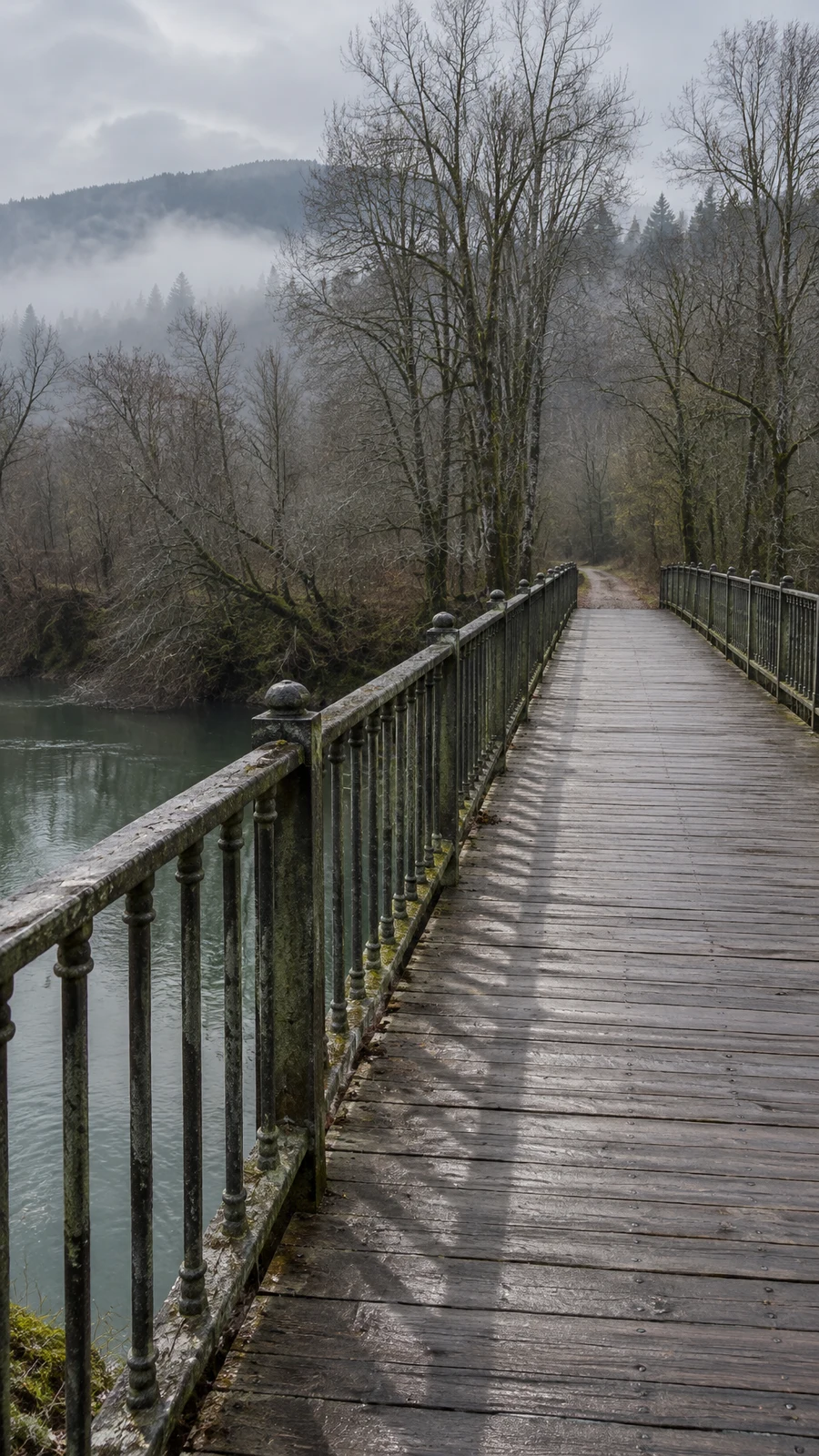 A damp timber pedestrian bridge with weathered iron railings crosses a grey-green river toward a path and bare trees in a misty, overcast landscape.