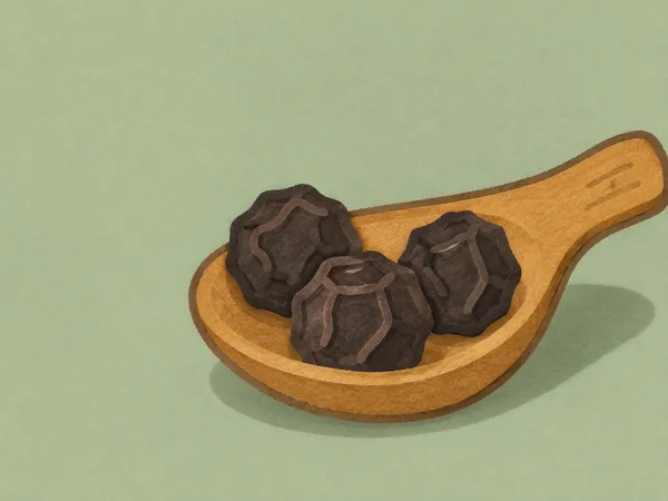 A large honey-ochre wooden spoon lies diagonally across a pale sage background, holding three oversized dark brown peppercorns with curved wrinkle marks; a…
