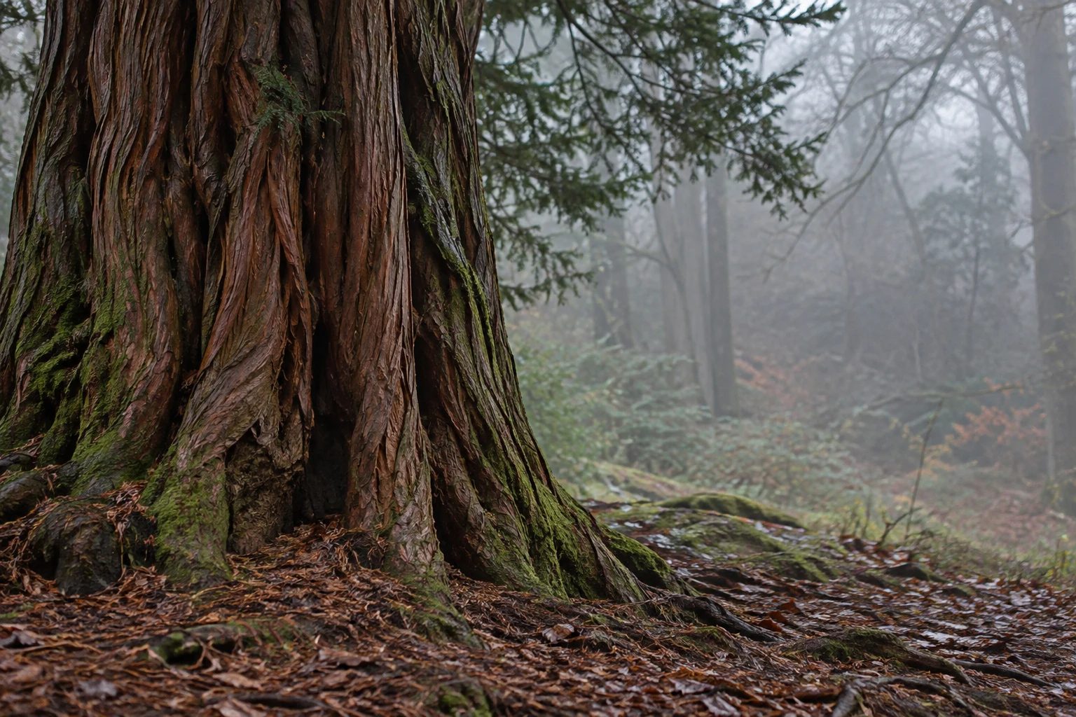 A deeply furrowed reddish-brown tree trunk with green moss fills the left side of a misty woodland scene; damp leaves, needles and moss-covered roots cover the…