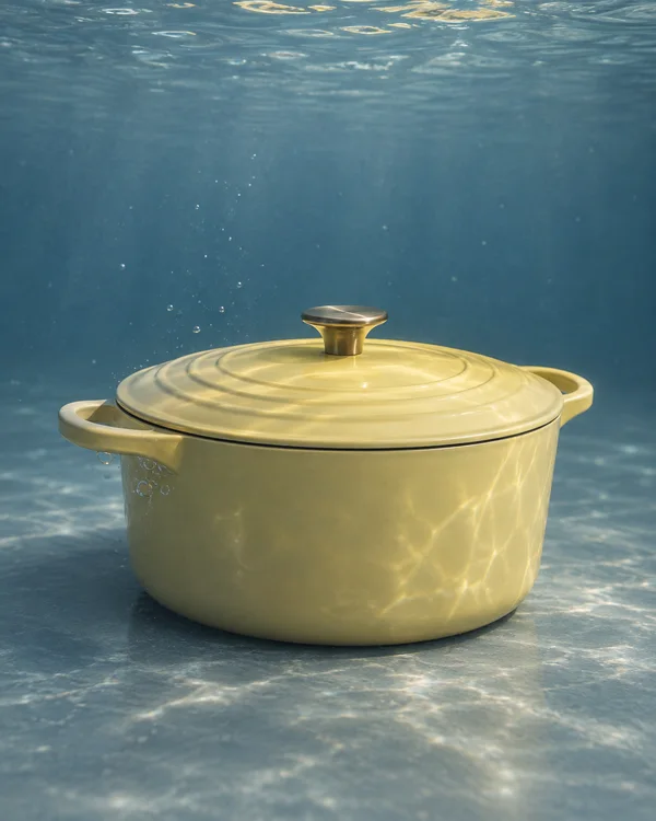 A butter-yellow lidded casserole with two loop handles rests on a blue-grey floor underwater, lit by warm caustic reflections with open water above.